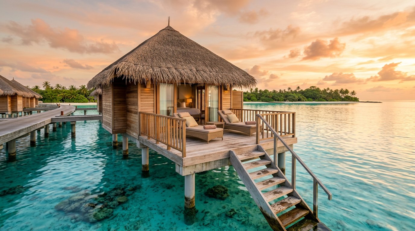 Overwater villas above a turquoise lagoon beside a lush tropical island at golden hour